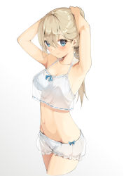 Rule 34 | 1girl, armpits, arms up, bare arms, bare shoulders, blonde hair, bloomers, blue eyes, blush, bra, breasts, cleavage, closed mouth, collarbone, cowboy shot, crop top, cropped legs, frills, gin00, girls&#039; frontline, gradient background, groin, hair between eyes, highres, long hair, looking at viewer, medium breasts, midriff, navel, panties, panties under bloomers, pantylines, ponytail, ribbon trim, see-through, shirt, sidelocks, sleeveless, sleeveless shirt, smile, solo, stomach, suomi (girls&#039; frontline), underwear, white background, white bloomers, white bra, white panties, white shirt