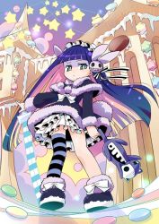Rule 34 | 10s, 1girl, amimi, candy, coat, colored inner hair, food, from below, frown, gingerbread house, green eyes, hair ornament, honekoneko (psg), multicolored hair, panty &amp; stocking with garterbelt, single thighhigh, solo, star (symbol), stocking (psg), striped clothes, striped thighhighs, sword, thighhighs, two-tone hair, weapon