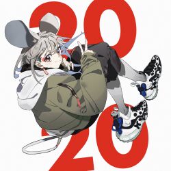 Rule 34 | 1girl, 2020, animal ears, black shorts, brown jacket, chinese zodiac, closed mouth, commentary, earrings, facial mark, floating, from side, grey hair, grey pantyhose, high tops, highres, hood, hood down, hoodie, jacket, jewelry, long sleeves, looking at viewer, machi (wm), mouse ears, mouse girl, mouse tail, nike (company), original, pantyhose, pantyhose under shorts, red eyes, shoes, shorts, simple background, smile, sneakers, solo, tail, text background, v, white background, white footwear, white hoodie, year of the rat