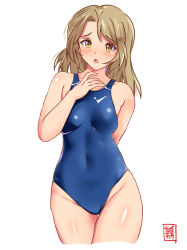 Rule 34 | 1girl, alternate breast size, arm behind back, artist logo, blue one-piece swimsuit, breasts, brown eyes, competition swimsuit, covered navel, cowboy shot, groin, houston (kancolle), impossible clothes, impossible swimsuit, kantai collection, light brown hair, long hair, one-hour drawing challenge, one-piece swimsuit, sebunsu, simple background, small breasts, solo, swimsuit, white background