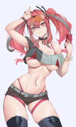Rule 34 | 1girl, azur lane, bikini, bikini under clothes, black shorts, breasts, bremerton (azur lane), cellphone, closed mouth, contrapposto, cowboy shot, crop top, eyewear on head, finger gun, guihuo inferno, hands up, highres, holding, holding phone, large breasts, looking at viewer, nail polish, navel, navel piercing, orange eyes, phone, piercing, pink hair, pink nails, red bikini, short shorts, shorts, smartphone, smile, solo, stomach, swimsuit, thighhighs, thighs, twintails, underboob