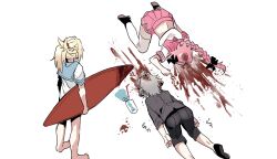 Rule 34 | 1girl, 2boys, astolfo (fate), astolfo (sailor paladin) (fate), black bow, black footwear, black shirt, black shorts, blood, blood splatter, blood writing, blue serafuku, bow, braid, crown braid, drinking straw, fang, fate/apocrypha, fate/grand order, fate (series), hair bow, hair intakes, hair ornament, hair scrunchie, haoro, holding, holding surfboard, ice, ice cube, long braid, long hair, midriff, mordred (fate), mordred (fate/apocrypha), multicolored hair, multiple boys, neckerchief, on ground, pink hair, pink neckerchief, pink sailor collar, pink serafuku, pink skirt, pleated skirt, purple eyes, red scrunchie, sailor collar, school uniform, scrunchie, serafuku, shirt, short hair, short sleeves, shorts, sieg (fate), simple background, single braid, skin fang, skirt, spill, streaked hair, surfboard, thighhighs, top-down bottom-up, trap, two-tone hair, white background, white hair, white shirt, white thighhighs