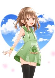 Rule 34 | 10s, 1girl, alternate costume, black thighhighs, brown eyes, brown hair, cloud, cloudy sky, commentary request, day, drawstring, dress, fang, fujishima shinnosuke, green dress, hair ornament, hairclip, heart, heart background, hooded dress, ikazuchi (kancolle), kantai collection, looking at viewer, open mouth, short hair, sky, sleeveless, sleeveless dress, solo, thighhighs, wristband