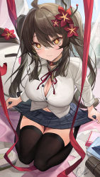 Rule 34 | 1girl, ahoge, alternate costume, black choker, black skirt, black thighhighs, blush, boo tao (genshin impact), book, breasts, brown hair, catsmoon, choker, cleavage, closed mouth, clothes lift, curtains, flower, from above, full body, genshin impact, hair between eyes, hair flower, hair ornament, highres, hu tao (genshin impact), long hair, looking at viewer, medium breasts, midriff, navel, paper, partially unbuttoned, pleated skirt, red flower, red ribbon, ribbon, seiza, sidelocks, sitting, skirt, skirt lift, solo, stomach, thighhighs, thighs, twintails, very long hair, wavy mouth, window, zettai ryouiki