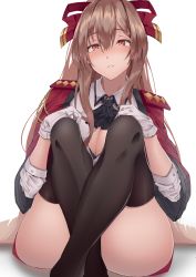 Rule 34 | 1girl, absurdres, azur lane, black neckwear, black thighhighs, blush, breasts, brown eyes, brown hair, crossed legs, gloves, hair ribbon, harris hero, highres, jacket, long hair, looking at viewer, on floor, open clothes, open jacket, open shirt, red jacket, red ribbon, ribbon, shirt, sitting, solo, swiftsure (azur lane), thighhighs, thighs, uniform, white background, white gloves, white shirt