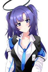 Rule 34 | 1girl, absurdres, aikir (jml5160), black shirt, blouse, blue archive, blue necktie, breasts, hair between eyes, hair ornament, halo, head tilt, highres, id card, jacket, large breasts, long hair, looking at viewer, necktie, open clothes, open jacket, purple eyes, purple hair, shirt, simple background, twintails, white background, yuuka (blue archive)