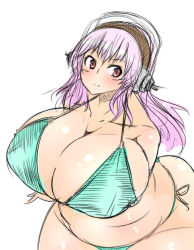 Rule 34 | 1girl, bikini, breasts, cleavage, collarbone, fat, gigantic breasts, headphones, highres, hip focus, long hair, nitroplus, pink hair, red eyes, shiny skin, smile, solo, super sonico, swimsuit, tensai427, white background, wide hips