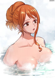 Rule 34 | 1girl, aosora2823, artist name, bath, bathing, blush, breasts, brown eyes, collarbone, commentary request, completely nude, highres, large breasts, looking to the side, medium hair, nami (one piece), nude, one piece, open mouth, orange hair, shoulder tattoo, solo, tattoo, upper body, wet