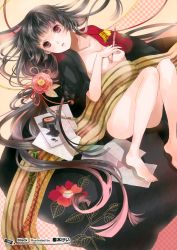 Rule 34 | 1girl, absurdres, barefoot, black hair, breasts, highres, ink, inkwell, japanese clothes, kimono, long hair, lying, nib pen (object), no bra, no panties, on back, open clothes, open kimono, original, paper, pen, red eyes, sakuragi kei, small breasts, spill