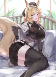 Rule 34 | 1girl, absurdres, animal ear fluff, animal ears, arknights, armor, ass, black bow, black hat, black shorts, black thighhighs, blonde hair, blue eyes, blush, bow, breastplate, breasts, cape, fang, feet out of frame, hair bow, hand on own hip, hat, highres, horse ears, horse girl, horse tail, kanta (kanta 077), kingdom of kazimierz logo, large breasts, looking at viewer, open mouth, shorts, sitting, sketch, skin fang, solo, tail, thighhighs, thighs, unfinished, whislash (arknights), white cape