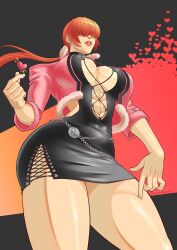 Rule 34 | 1girl, absurdres, black dress, breasts, cleavage, curvy, dress, ear piercing, fur-trimmed jacket, fur trim, hair over eyes, heart, highres, jacket, large breasts, lips, lipstick, long hair, luzemjapones, makeup, piercing, pink jacket, ponytail, red hair, shermie (kof), simple background, snapping fingers, snk, solo, the king of fighters, the king of fighters xv, thick thighs, thighs