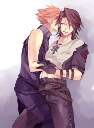 Rule 34 | 2boys, against wall, belt, black belt, black gloves, black jacket, black pants, blonde hair, blue eyes, brown hair, cloud strife, commentary request, couple, cropped jacket, ear licking, final fantasy, final fantasy vii, final fantasy viii, furrowed brow, gloves, grey background, hand on another&#039;s arm, hand on another&#039;s chest, high collar, jacket, jewelry, leaning back, leaning forward, leather belt, leg between thighs, licking, male focus, medium hair, minatoya mozuku, multiple belts, multiple boys, necklace, open clothes, open jacket, open mouth, pants, scar, scar on face, shirt, short hair, short sleeves, simple background, sleeveless, sleeveless turtleneck, squall leonhart, sweatdrop, thigh strap, turtleneck, upper body, white shirt, yaoi