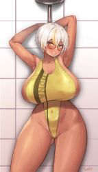 Rule 34 | 1girl, against wall, armpits, arms behind head, blonde hair, breasts, contrapposto, covered navel, cowboy shot, dark-skinned female, dark skin, glasses, gluteal fold, gron, harry (dudwofla), highleg, highleg swimsuit, highres, huge breasts, looking at viewer, luvdia, multicolored hair, one-piece swimsuit, park dona, round eyewear, short hair, shower (place), shower head, sideboob, sideless outfit, solo, streaked hair, swimsuit, virtual youtuber, wet, wet clothes, white hair, yellow eyes, yellow one-piece swimsuit