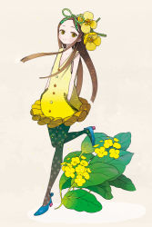 Rule 34 | 1girl, bare shoulders, blue footwear, brown background, brown hair, bubble skirt, collarbone, colored eyelashes, dress, felt, flower, flower on head, forehead, frills, full body, gradient legwear, green pantyhose, hair ornament, hair ribbon, hands in pockets, high heels, highres, leaf, long hair, multicolored clothes, multicolored legwear, original, pantyhose, patterned legwear, polka dot, polka dot legwear, ribbon, shoes, simple background, skirt, sleeveless, solo, standing, standing on one leg, white background, yellow dress, yellow eyes