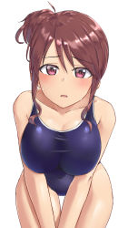 Rule 34 | 1girl, aimobake, bad id, bad twitter id, blue one-piece swimsuit, breasts, brown hair, commentary request, covered navel, cowboy shot, hair bun, highres, idolmaster, idolmaster cinderella girls, large breasts, leaning forward, looking at viewer, mifune miyu, obake, one-piece swimsuit, purple eyes, school swimsuit, short hair, side bun, sidelocks, simple background, single side bun, solo, standing, swimsuit, thigh gap, v arms, wet, white background
