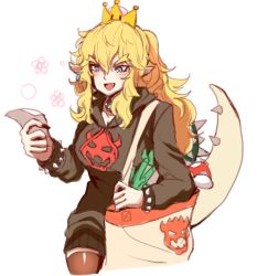 Rule 34 | 1girl, bag, black thighhighs, blonde hair, blue eyes, blush, bowser logo, bowsette, casual, crown, dress, earrings, fang, fingernails, jewelry, koopa shell, lizard tail, mario (series), megato, nail polish, new super mario bros. u deluxe, nintendo, pointy ears, reading, sharp fingernails, shopping bag, spiked shell, spiked tail, super crown, sweater, sweater dress, tail, thighhighs