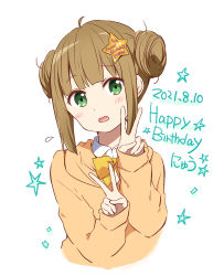 Rule 34 | 1girl, blush, bow, brown hair, brown hoodie, collared shirt, commentary request, cropped torso, dated, double bun, double v, flying sweatdrops, green eyes, hair bun, hair ornament, hands up, happy birthday, highres, hood, hood down, hoodie, long sleeves, official art, ootani nyuu, open mouth, ragho no erika, shirt, sidelocks, simple background, sleeves past wrists, solo, star (symbol), star hair ornament, starry background, sukurizo!, upper body, v, wavy mouth, white background, white shirt, yellow bow