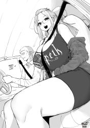 Rule 34 | 1boy, 1girl, artist name, band shirt, bangs pinned back, between breasts, breasts, car interior, curvy, dress, feet out of frame, folded hair, glasses, greyscale, group name, hair pulled back, highres, huge breasts, inne sulistya robin, long sleeves, looking at viewer, merchandise, monochrome, norman maggot, off-shoulder jacket, off shoulder, open mouth, opeth (band), original, rimless eyewear, seatbelt, short dress, short sleeves, sitting, sleeveless, sleeveless dress, smile, strap between breasts, sweatdrop