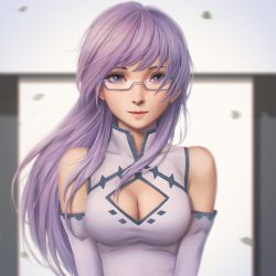 Rule 34 | 1girl, akame ga kill!, bad id, bad pixiv id, bare shoulders, blurry, blurry background, breasts, china dress, chinese clothes, cleavage, cleavage cutout, closed mouth, clothing cutout, detached sleeves, dress, glasses, grey-framed eyewear, highres, lips, long hair, looking at viewer, looking over eyewear, matching hair/eyes, medium breasts, miura-n315, purple eyes, purple hair, realistic, semi-rimless eyewear, sheele, smile, solo, under-rim eyewear, upper body, white dress