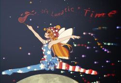 Rule 34 | 1girl, absurdres, ai ken, american flag dress, american flag legwear, armpits, arms up, bare arms, blonde hair, clownpiece, commentary, english commentary, english text, fairy wings, from side, full body, hat, highres, holding, jester cap, long hair, moon, nail polish, open mouth, polka dot, profile, sleeveless, solo, split, star (symbol), torch, touhou, wings