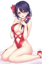 Rule 34 | 10s, 1girl, bad id, bad pixiv id, barefoot, blush, breasts, cleavage, fingers together, flower, hair flower, hair ornament, highleg, highleg swimsuit, large breasts, long hair, looking at viewer, mahou shoujo madoka magica, mahou shoujo madoka magica (anime), mahou shoujo suzune magica, mikoto tsubaki, navel, one-piece swimsuit, ponytail, purple eyes, purple hair, red footwear, red one-piece swimsuit, senri gan, shoes, simple background, sitting, solo, steepled fingers, swimsuit, wariza, white background