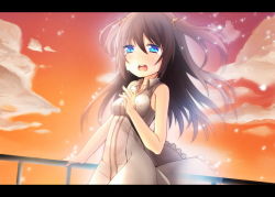 Rule 34 | 1girl, bad id, bad pixiv id, blue eyes, blush, brown dress, brown hair, cloud, dissolving, dress, hair ribbon, letterboxed, lights, long hair, open mouth, original, oruto (ort+), oruton, red sky, ribbon, sky, solo, sunset, tears, twintails