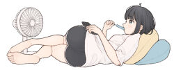 Rule 34 | 1girl, 1ssakawaguchi, ass, bare legs, barefoot, black hair, black shorts, blush, breasts, controller, cushion, dolphin shorts, eating, electric fan, full body, highres, holding, holding food, holding ice cream, holding remote control, ice cream, ice cream bar, lying, on side, original, profile, remote control, shirt, shorts, simple background, small breasts, soles, toes, white background, white shirt