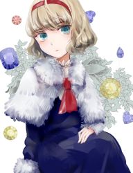 Rule 34 | 1girl, alice margatroid, blonde hair, blue eyes, bow, capelet, dress, fur collar, fur trim, gem, hair bow, hairband, looking at viewer, neckerchief, poteimo (poteimo622), short hair, solo, touhou
