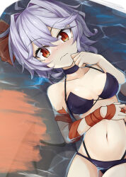 Rule 34 | 1girl, akisome hatsuka, arm ribbon, bikini, black bikini, blush, breasts, cleavage, closed mouth, commentary request, embarrassed, hair intakes, looking at viewer, lying, navel, on back, purple hair, red eyes, red ribbon, remilia scarlet, ribbon, short hair, small breasts, solo, swimsuit, touhou
