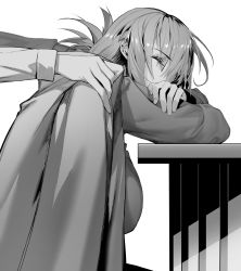 Rule 34 | 1girl, braid, braided ponytail, breasts, closed eyes, fate/grand order, fate (series), florence nightingale (fate), folded ponytail, gloves, greyscale, highres, hxd, jacket, jacket on shoulders, large breasts, long hair, long sleeves, military jacket, monochrome, sitting, sleeping, solo focus