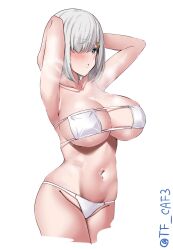 Rule 34 | 1girl, armpits, arms behind head, bikini, blue eyes, blush, breasts, cropped legs, eyepatch bikini, grey hair, hair ornament, hair over one eye, hairclip, hamakaze (kancolle), highres, kantai collection, large breasts, looking at viewer, navel, one-hour drawing challenge, parted lips, short hair, solo, swimsuit, tf cafe, twitter username, white bikini