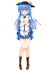 Rule 34 | 1girl, bare legs, blue hair, blush, boots, breasts, d:, d:&lt;, food, fruit, full body, hat, hinanawi tenshi, holding own wrist, knees together feet apart, leaf, legs together, long hair, looking at viewer, mamo williams, miniskirt, narrowed eyes, open mouth, peach, red eyes, scared, shirt, short sleeves, shy, simple background, skirt, small breasts, solo, surprised, text focus, touhou, translation request, v-shaped eyebrows, white background