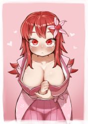 Rule 34 | 1girl, :&lt;, blush, border, borrowed character, breasts, character request, cleavage, collarbone, commentary request, copyright request, cowboy shot, flower, hair flower, hair ornament, heart, heart-shaped pupils, highres, ichika (ichika manga), large breasts, leaning forward, long hair, looking at viewer, pink background, red eyes, red hair, sidelocks, solo, symbol-shaped pupils, tsurime, white border
