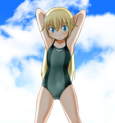 Rule 34 | 1girl, armpits, arms up, blonde hair, blue eyes, blush, flat chest, helma lennartz, long hair, one-piece swimsuit, solo, strike witches, strike witches: suomus misfits squadron, swimsuit, tanaka rikimaru, world witches series