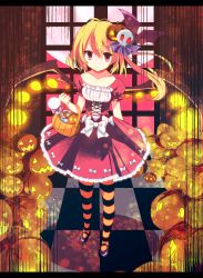 Rule 34 | 1girl, asymmetrical hair, bad id, bad pixiv id, basket, blonde hair, candy, checkered floor, collarbone, dokulow, dress, flandre scarlet, food, full body, glowing, hair ornament, halloween, halloween costume, highres, jack-o&#039;-lantern, letterboxed, lollipop, looking at viewer, mary janes, multicolored clothes, multicolored legwear, pantyhose, puffy sleeves, red dress, red eyes, ribbon, shoes, short sleeves, side ponytail, smile, solo, striped clothes, striped pantyhose, sweets, touhou, wings