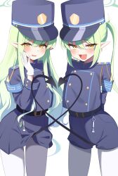 Rule 34 | +++, 2girls, absurdres, belt, black belt, black hat, black jacket, black shirt, black shorts, black skirt, black tail, blue archive, blush, cowboy shot, demon tail, earrings, fang, gloves, green hair, green halo, hair between eyes, halo, hat, heart, heart tail, heart tail duo, hikari (blue archive), nozomi (blue archive), highres, jacket, jewelry, lelex, long hair, long sleeves, multiple girls, open mouth, pantyhose, peaked cap, pleated skirt, pointy ears, shirt, shorts, sidelocks, simple background, skin fang, skirt, smile, tail, twintails, white background, white gloves, white pantyhose, yellow eyes
