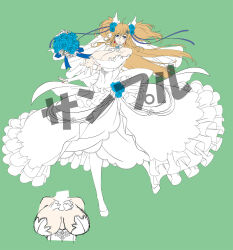 Rule 34 | 1girl, alternate costume, aoi nagisa (metalder), blonde hair, blue eyes, breast focus, breasts, bridal bouquet, bride, character sheet, cleavage, concept art, covered navel, dress, earrings, elbow gloves, flower, gloves, high heels, highres, huge breasts, jewelry, jumping, lilith-soft, long hair, official alternate costume, onizaki kirara, simple background, taimanin (series), taimanin rpgx, twintails, wedding dress, wide hips