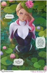 Rule 34 | 1girl, asymmetrical hair, blonde hair, blue eyes, bodysuit, border, breasts, colored tips, english text, eyebrow piercing, flower, gradient hair, gwen stacy, highres, hood, hooded bodysuit, korok, lily pad, lily pad on head, lips, long hair, looking up, marvel, medium breasts, multicolored bodysuit, multicolored clothes, multicolored hair, nintendo, one eye closed, parted lips, partially submerged, patreon username, piercing, pink flower, prywinko, speech bubble, spider-gwen, spider-man: across the spider-verse, spider-man: into the spider-verse, spider-man (series), spider-verse, the legend of zelda, the legend of zelda: tears of the kingdom, tooth gap, water, web print, wet, white border