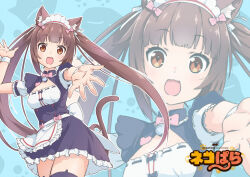 Rule 34 | 1girl, :3, :d, animal ear fluff, animal ears, animal print, anime coloring, apron, back bow, bell, black shirt, black skirt, black thighhighs, blunt bangs, blush, bow, bowtie, brown eyes, brown hair, buttons, cat ears, cat girl, cat print, cat tail, chocola (nekopara), cleavage cutout, clothing cutout, commentary request, copyright name, cowboy shot, derivative work, floating hair, frilled apron, frilled skirt, frills, hair bow, hair ribbon, happy, heart-shaped ornament, heart button, highres, jingle bell, light blue background, long hair, looking at viewer, maid, maid headdress, neck bell, nekopara, open mouth, outstretched arm, outstretched hand, paw print, pink bow, pink bowtie, puffy short sleeves, puffy sleeves, raiz art works, reaching, reaching towards viewer, ribbon, shirt, short sleeves, sidelocks, simple background, skirt, slit pupils, smile, solo, straight hair, tail, tail raised, tareme, thighhighs, twintails, very long hair, waist apron, waitress, white apron, white bow, white ribbon, white wrist cuffs, wide-eyed, wrist cuffs, zettai ryouiki