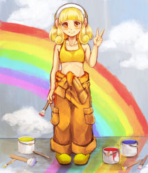 Rule 34 | 10s, 1girl, bare shoulders, blonde hair, blush, cloud, crop top, eyelashes, hairband, holding, jumpsuit, kise yayoi, midriff, miku (mitty39), orange pants, paint, paintbrush, painting (action), pants, precure, shirt, shoes, short hair, smile, smile precure!, solo, tank top, v, wall, white hairband, yellow eyes, yellow footwear, yellow shirt
