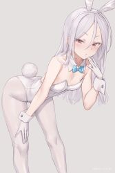 Rule 34 | 1girl, animal ears, bent over, blush, bow, bowtie, breasts, detached collar, fake animal ears, gloves, grey background, grey hair, hair between eyes, hand on own knee, highres, leotard, long hair, looking at viewer, mochi (mochi444420), original, pantyhose, playboy bunny, rabbit ears, rabbit tail, red eyes, simple background, small breasts, solo, strapless, strapless leotard, tail, thighs, twitter username, white gloves, white leotard, white pantyhose, wrist cuffs