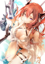Rule 34 | 1girl, absurdres, arknights, babydoll, bare shoulders, bikini, black bikini, breasts, cleavage, closed mouth, collarbone, criss-cross halter, detached sleeves, dutch angle, halterneck, highres, holding, holding sword, holding weapon, horns, large breasts, long hair, long sleeves, looking at viewer, official alternate costume, purple eyes, red hair, sakusyo, signature, solo, striped clothes, striped thighhighs, surtr (arknights), surtr (colorful wonderland) (arknights), swimsuit, sword, thigh strap, thighhighs, very long hair, weapon