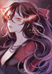 Rule 34 | 1girl, ahoge, artist name, bow, breasts, brown eyes, brown hair, character name, cleavage, curly hair, ecru, hair between eyes, hair bow, jewelry, large breasts, long hair, looking at viewer, necklace, parted lips, raven branwen, red bow, rwby, solo, upper body