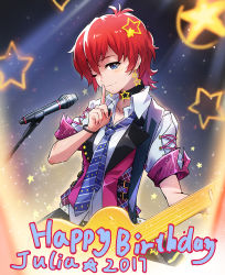 Rule 34 | 1girl, backlighting, belt, blue eyes, bracelet, character name, choker, commentary request, cross-laced clothes, dated, electric guitar, finger to mouth, guitar, happy birthday, idolmaster, idolmaster million live!, instrument, jewelry, julia (idolmaster), microphone, microphone stand, necktie, red hair, short hair, skirt, sleeves rolled up, solo, star (symbol), starry background, studded belt, todee