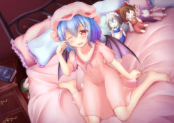 Rule 34 | 1girl, alternate costume, barefoot, bat wings, blue hair, blush, book, character doll, collarbone, dutch angle, fang, frilled pillow, frills, hakurei reimu, hat, headboard, hong meiling, indoors, izayoi sakuya, looking at viewer, mob cap, nightgown, nightstand, nullpuni, on bed, parted lips, patchouli knowledge, pillow, pink hat, red eyes, remilia scarlet, rubbing eyes, short hair, short sleeves, sitting, solo, tears, toe scrunch, touhou, wariza, wings