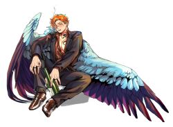 Rule 34 | 1boy, bird boy, bird wings, blue hair, blue wings, bottle, brown footwear, chest tattoo, cigarette, collared jacket, collared shirt, feathered wings, formal, freckles, full body, highres, holding, holding bottle, jacket, jewelry, long sleeves, looking at viewer, male focus, multicolored hair, multiple rings, notched ear, open clothes, open jacket, orange hair, original, red shirt, ring, rra (yj), scar, scar across eye, scar on face, scar on nose, shirt, short hair, simple background, sitting, smoke trail, smoking, solo, streaked hair, suit, tattoo, toned, toned male, unbuttoned, very short hair, white background, wings, yellow eyes