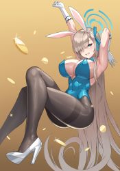 Rule 34 | 1girl, absurdres, animal ears, armpits, asuna (blue archive), asuna (bunny) (blue archive), blue archive, blue leotard, blue ribbon, breasts, brown pantyhose, coin, commentary, covered navel, crossed legs, fake animal ears, glint, gloves, gold coin, grey hair, grin, hair over one eye, hair ribbon, hairband, halo, hands up, high heels, highleg, highleg leotard, highres, invisible chair, karmiel, large breasts, leotard, long hair, looking at viewer, one eye covered, pantyhose, playboy bunny, rabbit ears, ribbon, shoes, sitting, smile, solo, strapless, strapless leotard, thighband pantyhose, very long hair, white footwear, white gloves, white hairband