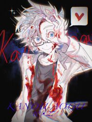 Rule 34 | 1boy, absurdres, blood, blood in hair, blood on clothes, blood on face, blue eyes, character name, chinese commentary, closed mouth, colored eyelashes, commentary request, dated, gao tongren wanjiebufu, grey shirt, heart, highres, kanou aogu, lab coat, long sleeves, male focus, ok sign, ok sign over eye, pale skin, saibou shinkyoku, shirt, short hair, smile, solo, spoken heart, upper body, white hair