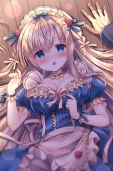 Rule 34 | 1boy, 1girl, apron, blue dress, blue eyes, blush, bow, braid, breasts, brown bow, cleavage, commentary request, dress, flower, frilled apron, frills, hair between eyes, hair bow, hair ornament, hand up, highres, kouta., large breasts, light brown hair, long hair, looking at viewer, lying, nail polish, nose blush, on back, open mouth, original, pink nails, puffy short sleeves, puffy sleeves, red flower, red rose, rose, short sleeves, solo focus, sweat, twin braids, very long hair, white apron, wooden floor, wrist cuffs, x hair ornament