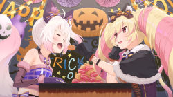 Rule 34 | 2girls, animal ears, animal print, bat print, blonde hair, bow, cat ears, cat girl, coat, commentary, corset, drill hair, elbow gloves, closed eyes, fangs, feeding, food, food-themed hair ornament, food themed hair ornament, fox ears, fox girl, fox tail, fur-trimmed gloves, fur-trimmed tube top, fur collar, fur trim, gem, gloves, hair bow, hair ornament, halloween, highres, howan (show by rock!!), light blush, long hair, looking at another, macaron, mashima himeko (show by rock!!), multicolored hair, multiple girls, nuenue, open mouth, party, pink hair, pumpkin hair ornament, red eyes, shirt, short hair, show by rock!!, smile, table, tail, teeth, tube top, upper teeth only, very long hair, white shirt, yuri